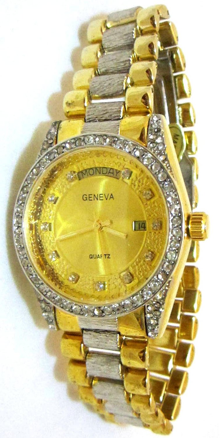 Mens Hip Hop Iced Out 14K Gold Plated CZ Simulated Diamond Geneva Quartz Watch